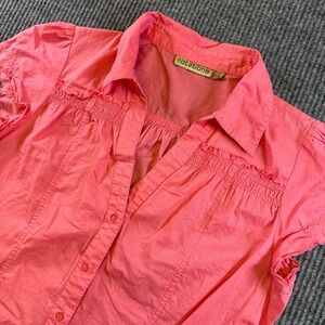 Notations Womens L Coral Pink Button Up Blouse Cap Sleeve 100% Cotton